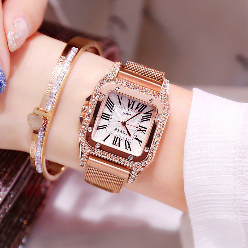 Square rhinestone watch female