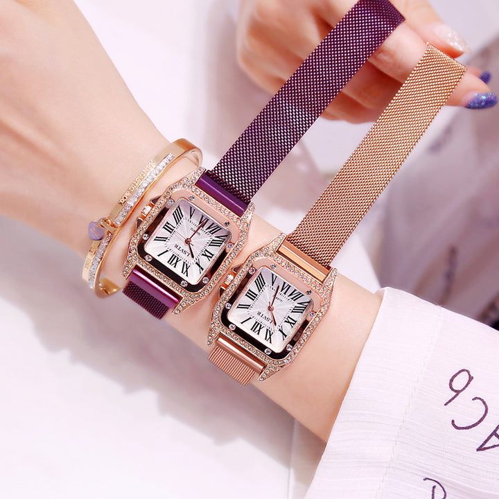 Square rhinestone watch female