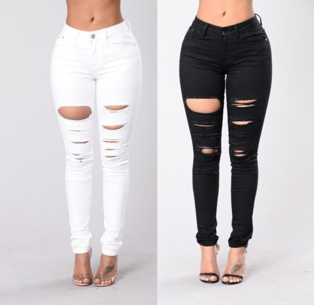 New casual sexy jeans woman cotton denim trousers slim mid waist ripped holes pencil pants cowboy jeans femme