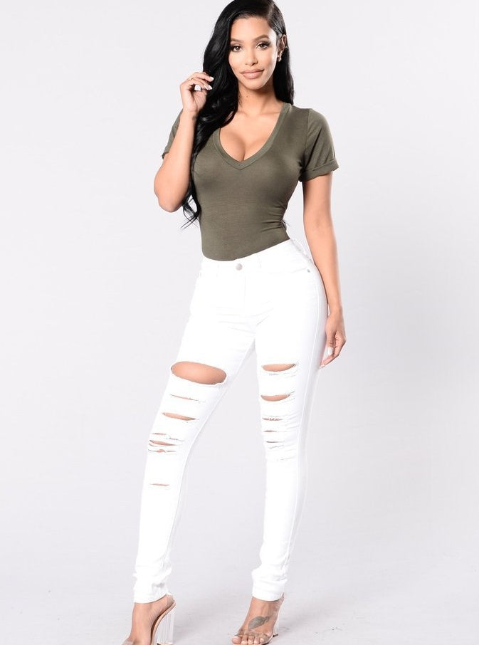 New casual sexy jeans woman cotton denim trousers slim mid waist ripped holes pencil pants cowboy jeans femme