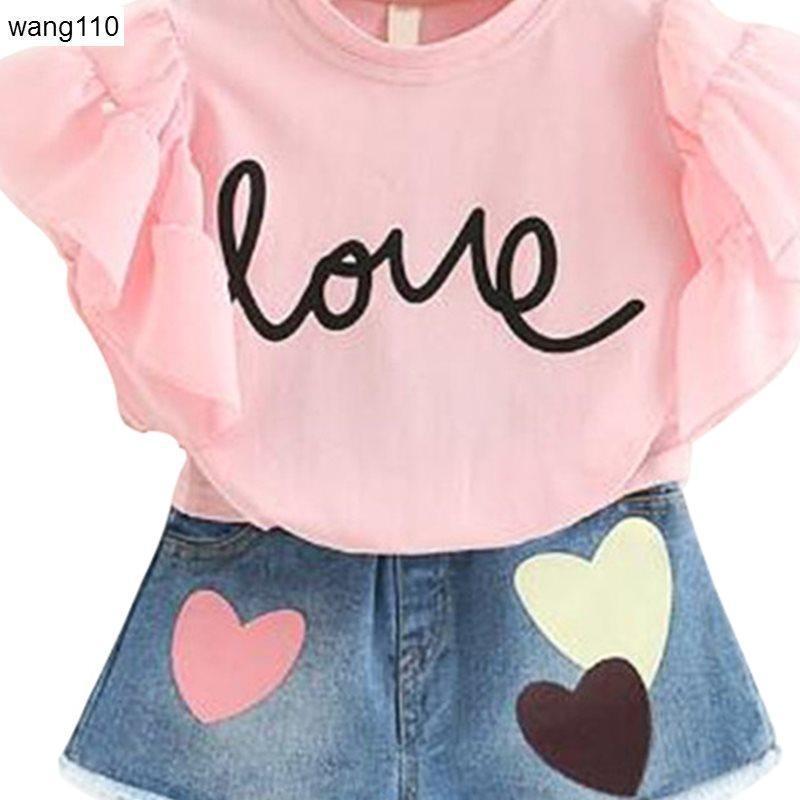 Summer Kids Girls Clothing Sets 2 pcs T-shirt Hole Pants Set