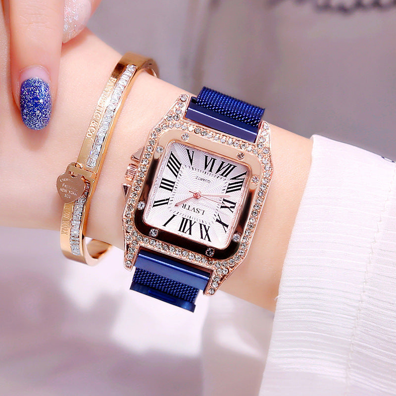 Square rhinestone watch female