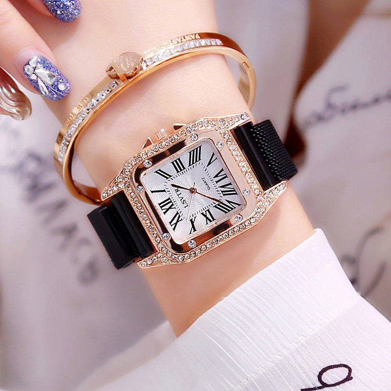 Square rhinestone watch female