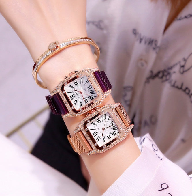 Square rhinestone watch female