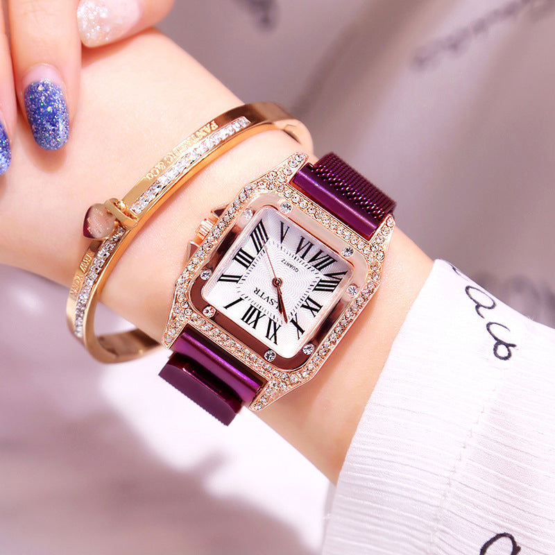 Square rhinestone watch female