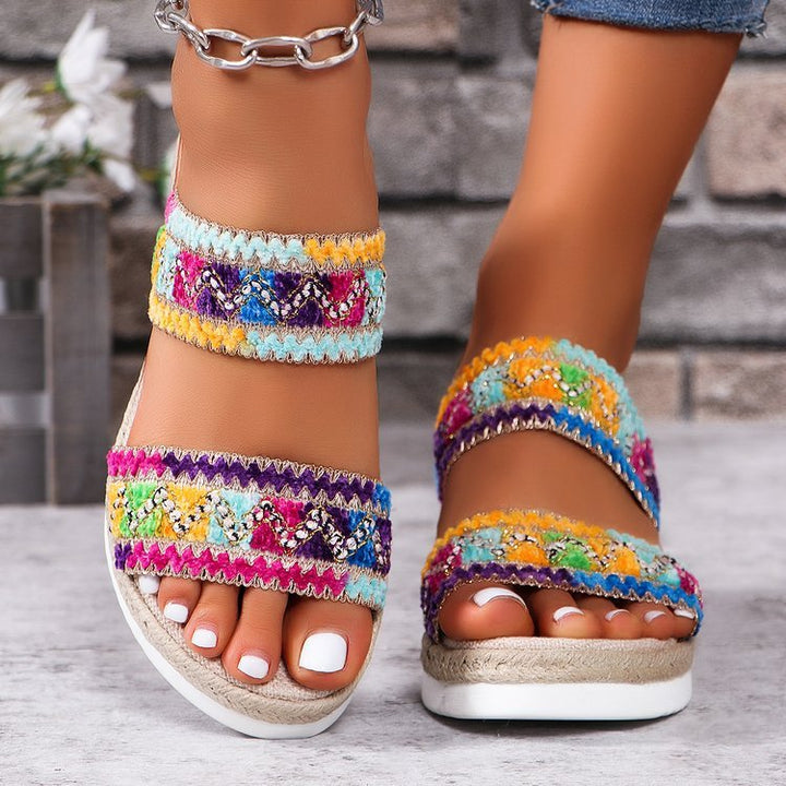 Fashion Wavy Pattern Woven Sandals Summer Casual Ethnic Style Slippers Linen Bottom Wide Strap Wedges Shoes For Women