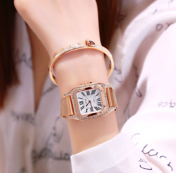 Square rhinestone watch female