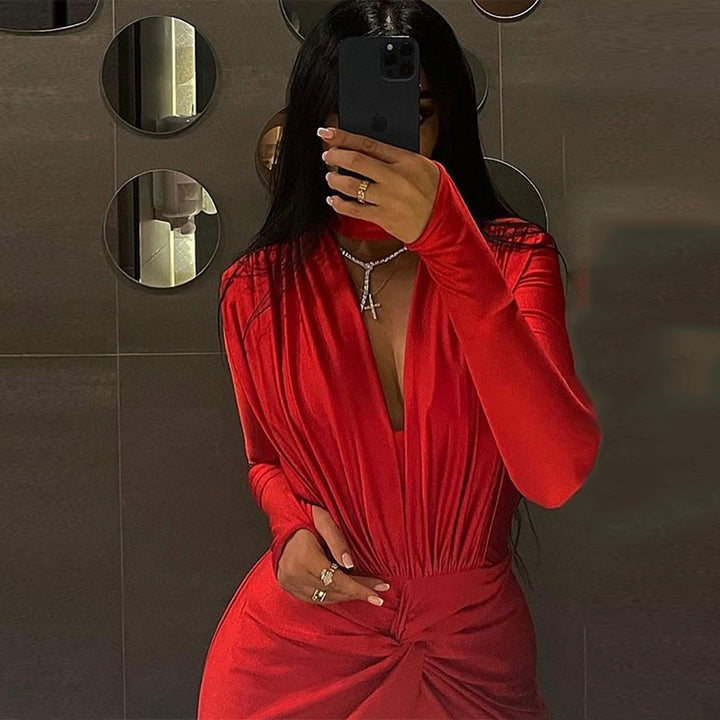 Sexy V-neck Slim Bottoming Stitching Long-sleeved Jumpsuit