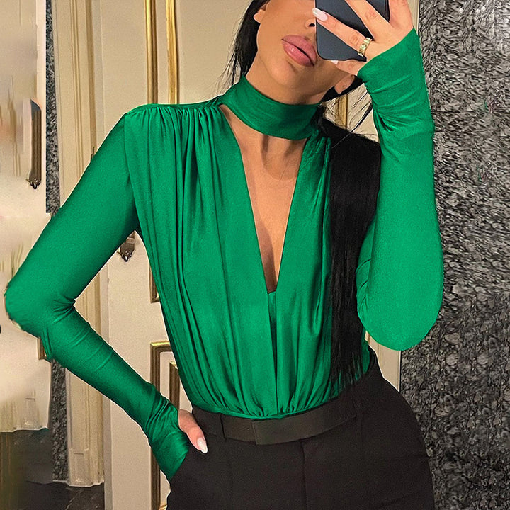 Sexy V-neck Slim Bottoming Stitching Long-sleeved Jumpsuit