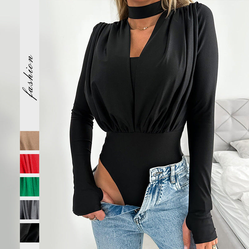 Sexy V-neck Slim Bottoming Stitching Long-sleeved Jumpsuit