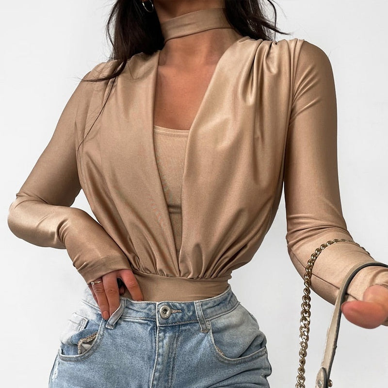 Sexy V-neck Slim Bottoming Stitching Long-sleeved Jumpsuit